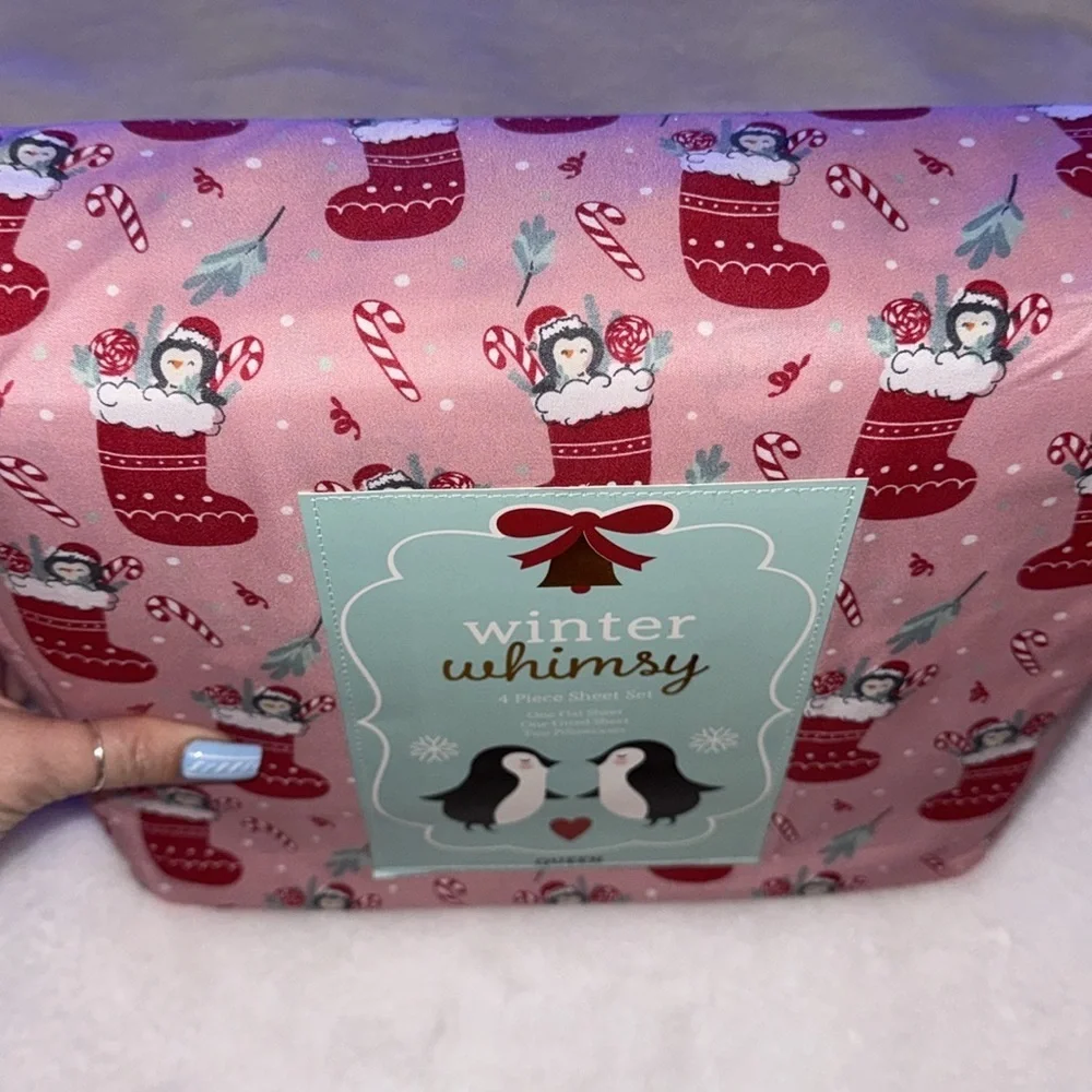 Winter Whimsy Penguin and Red Christmas Stockings Holiday Queen Sheet Set